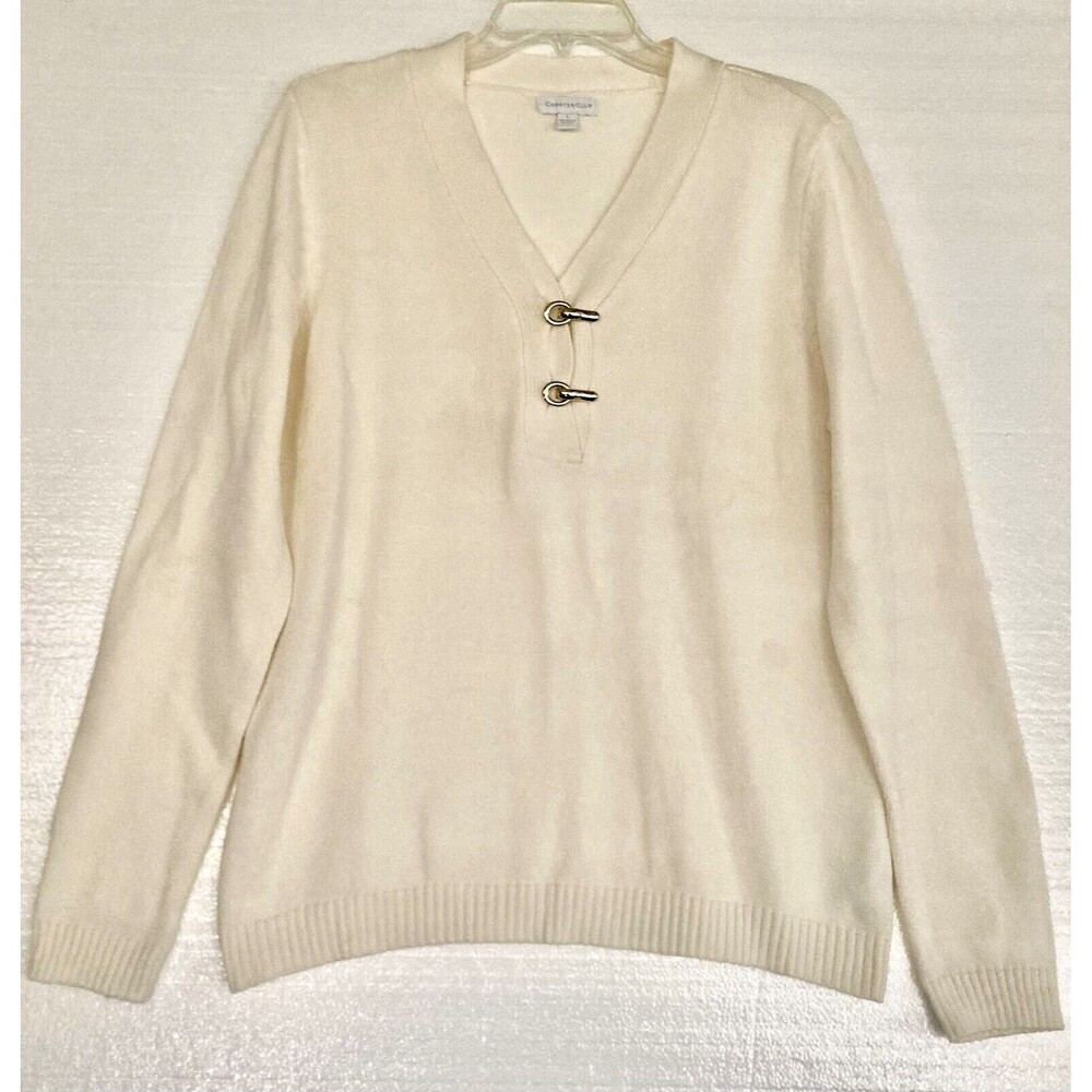 Vtg Charter Club V Neck Sweater Womens Large Ivory Gold Tone Clasps Cotton Nylon